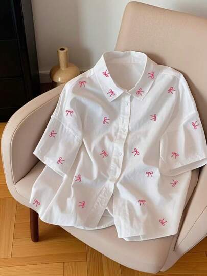 SHEIN Plus Size Women's Bow Floral Print Button Short Sleeve Shirt, Summer