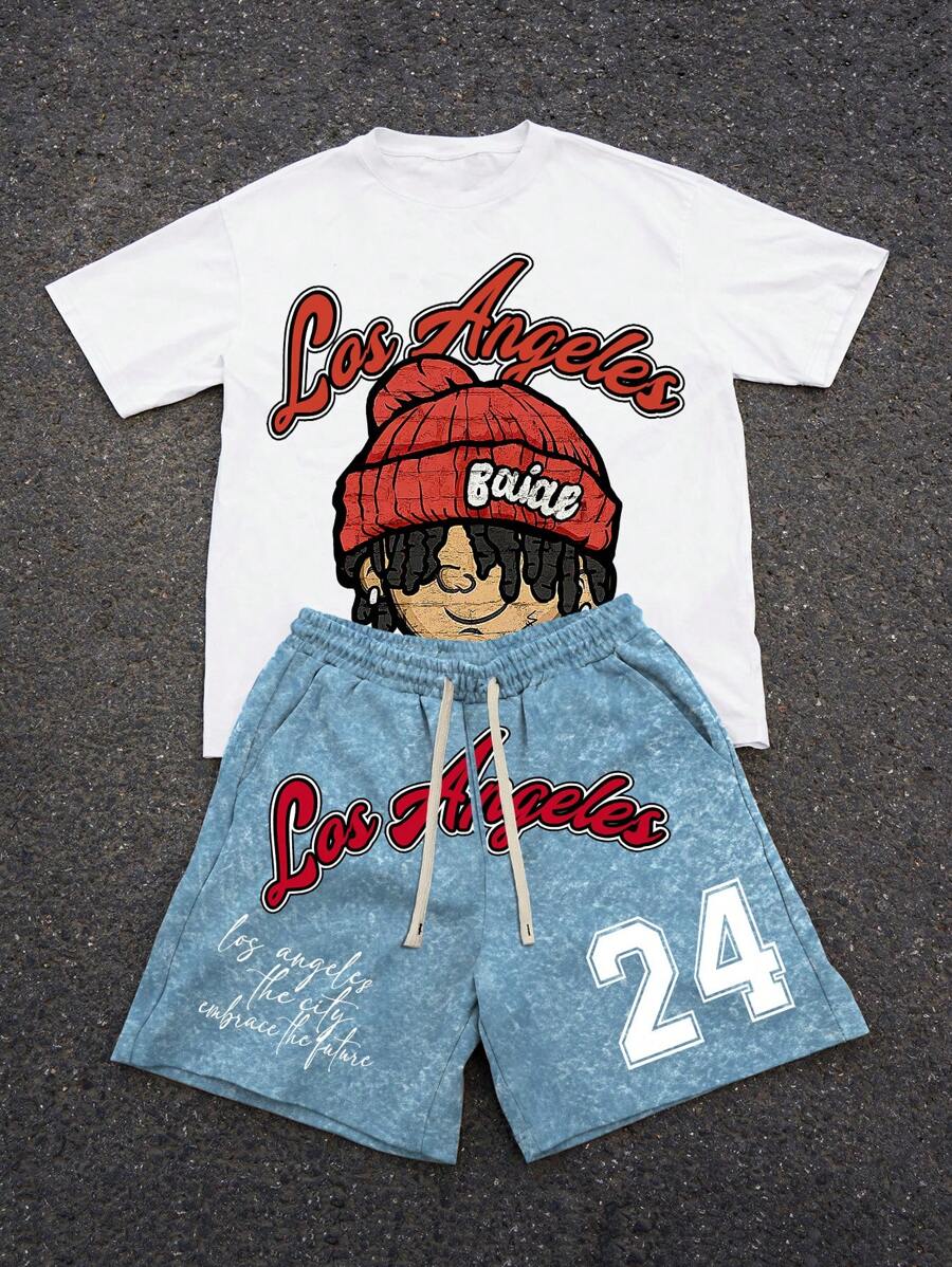 Manfinity EMRG Men's Stylish Street Cartoon & Alphabet Numeric Printed Short Sleeve T-Shirt And Shorts Set, Summer - Multicolor - View 1
