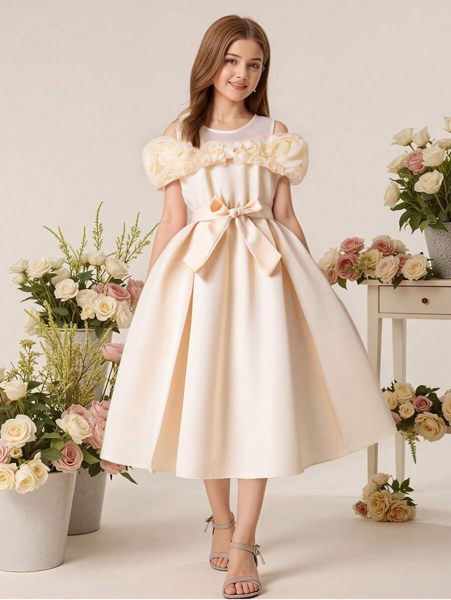 女童3D花卉装饰优雅、高贵、大方、时尚、精致的连衣裙 - 杏色 - 查看 1