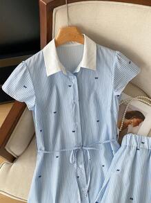 SHEIN 2 件套女士休闲蝴蝶条纹印花腰带衬衫和裙子套装，夏季 - 藍色 - 查看 4