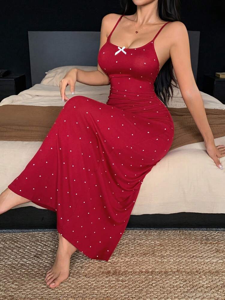 Gathered Waist Polka Dot Print Bowknot Trim Nightdress For Women,Back To School Clothes Pajama