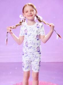 Pop Mart Azura X SHEIN Young Girl Dreamy Purple Cartoon Graphic White Short Sleeve T-Shirt & Shorts Cute Comfortable Pajama Set