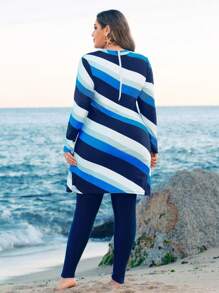 Swim Shayni 大码女式中东风格拉链条纹数码印花保守长袖上衣和裤子两件套泳衣，适合海滩、派对、度假 - 彩色 - 查看 2