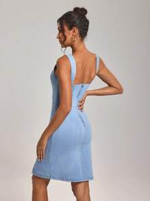 SHEIN Tall Váy denim cổ vuông kéo khóa sau cho nữ, không tay, xẻ gấu - Màu xanh lam - Xem 4