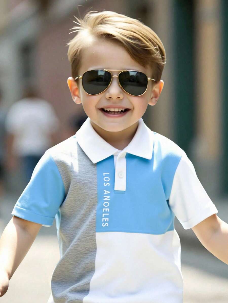 SHEIN Young Boys' Casual Color Block Pattern Comfortable Short Sleeve Polo Shirt, Suitable For Spring & Summer - Multicolor - View 1