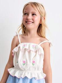 SHEIN Young Girls Floral Embroidered Top/Vest And Mini Skirt Set - Multicolor - View 5