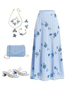 Ellevyn Chân váy xếp ly sequin hoa thanh lịch thời trang cho nữ - Màu xanh nhạt - Xem 1