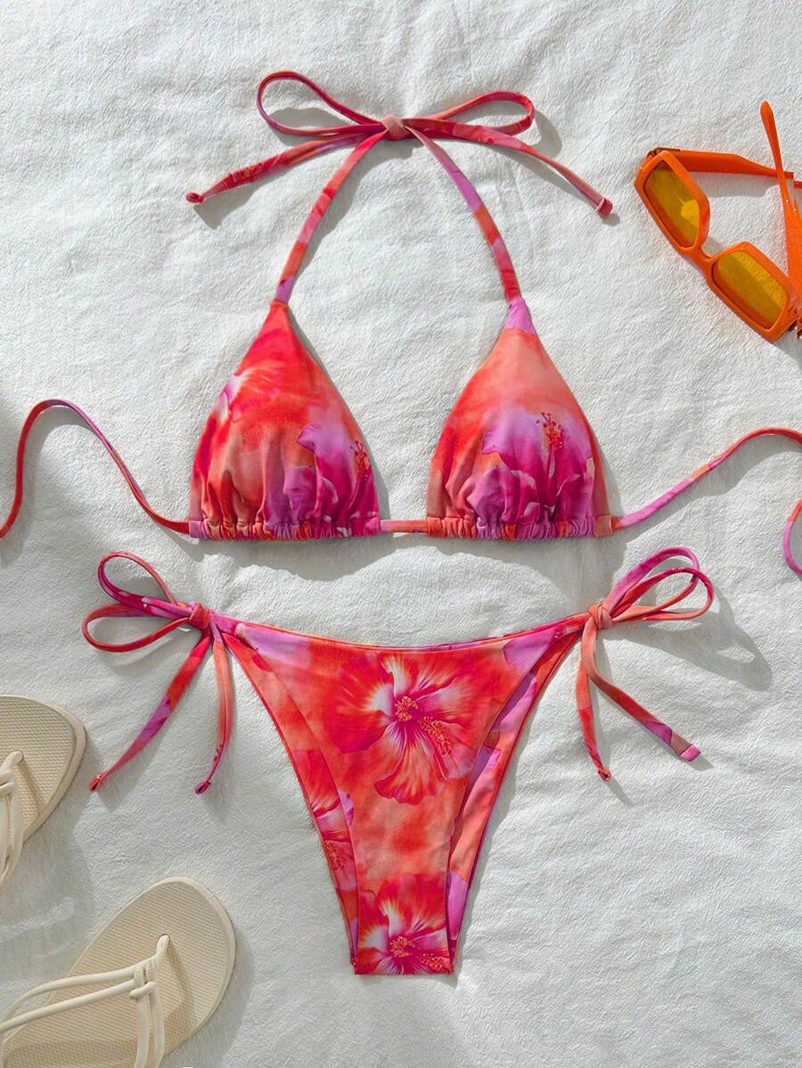 Swim Vcay 1 Set Women's Sexy Random Print Tie-Up Halterneck Bikini, Summer