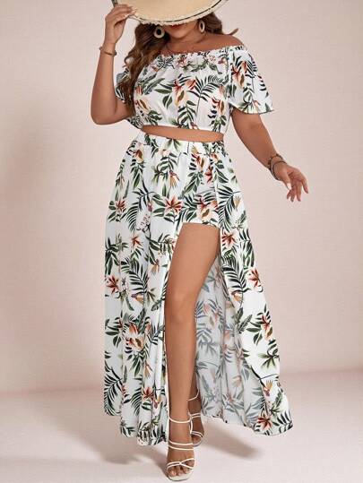SHEIN VCAY Parte superior corta con hombros descubiertos y estampado tropical bohemio de verano talla grande una falda con abertura en el muslo
