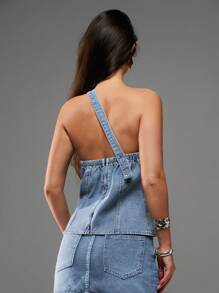 Avantive Women's Denim Slant Shoulder Design Commuting Denim Top - Light Wash - View 2