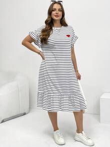 Shapeblank 大码女装春夏时尚休闲宽松舒适日常黑白条纹荷叶边短袖中长连衣裙，曲线可爱连衣裙，欧洲夏季，母女装，教堂礼服，女士机场装，简约风格 - 黑與白 - 查看 6