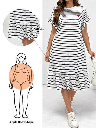 SHEIN Essnce Plus Size Women's Spring And Summer Fashion Casual Loose Comfortable Daily Black And White Striped Ruffled Short Sleeve Midi Dress, Curve Cute Dress,European Summer,Mother And Daughter Clothes,Church Dress,Airport Outfit For Women,Simple Style,Sun Dresses For Women
