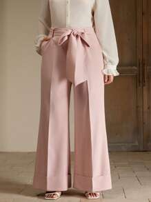 Anewsta Pantalones largos casuales y holgados con decoración de la cintura para mujer de talla grande - Rosa - Ver 5