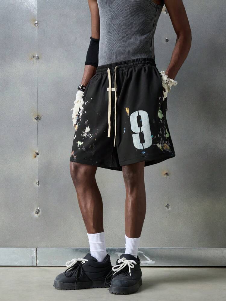 Men's Black Street Style Letter Printed Knit Shorts, Suitable For Summer