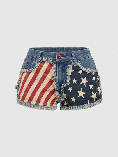 ROMWE Avant Shorts in jeans con stampa della bandiera americana in stile vintage Pin-Up per donne taglia comode, per il 4 luglio