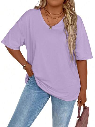 EMERY ROSE Plus Size Women's Summer Solid Color V-Neck Drop Shoulder Loose Casual T-Shirt
