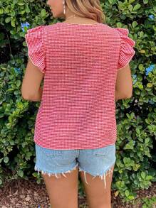 SHEIN VCAY Blusa de mujer talla grande con cuello cuadrado a cuadros y mangas cortas, blusa de moda para verano y salidas - Rojo y blanco - Ver 2