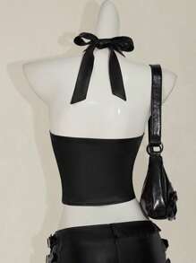 SHEIN ICON Y2k Going Out Summer Sexy Concert Burgundy PU Leather Halter Neck Women's Sexy Solid Backless Halter Tank Top, Summer - Black - View 2