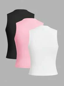 SHEIN LUNE 3pcs/Set Women Casual Solid Color Round Neck Sleeveless Tight Fitting Tank Tops, Black/White/Gray, Suitable For Summer