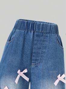 Nuevo conjunto de verano para niñas de 4 a 7 años, pantalones rosas con diseño de lazo hecho a mano y jeans azules anchos de pierna ancha, sueltos y cómodos, adecuados para uso diario al aire libre y de vacaciones