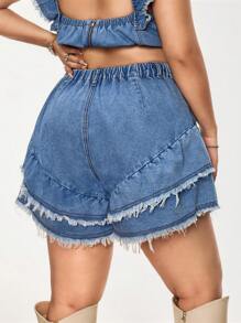 SHEIN ICON Quần short denim xanh nhạt rộng rãi thoải mái cho nữ cỡ lớn - Rửa nhẹ - Xem 2