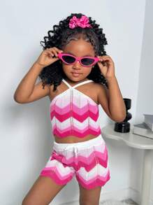 SHEIN 2件套少女针织渐变色背心和裤子套装