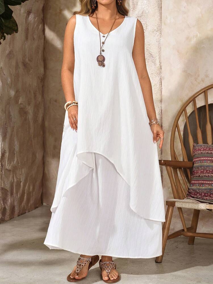 Plus Size Women Summer Vacation V-Neck Sleeveless 2 In 1 Long White Dress,Summer Holiday,Vacation Outfits Women,Simple And Fashionable For Everyday Wear,Vacay Vibes,Springbreak,Casual Wear SS,Bohemia,Flowy Dress