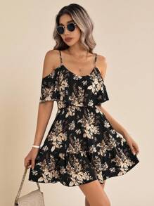 Amorya Women's Romantic Floral & Plant Print Off Shoulder Ruffle Hem Strap Summer Holiday Dress,Summer Dresses For Women