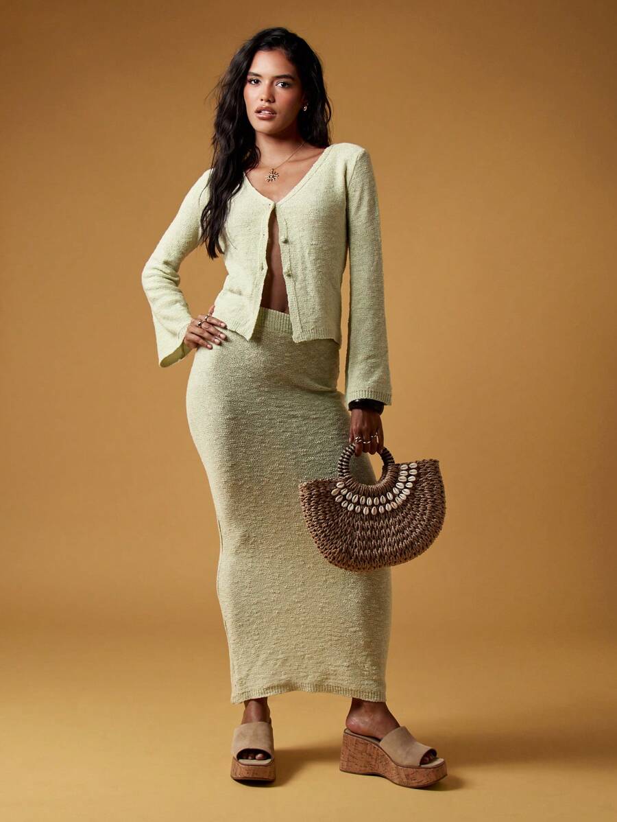 MISSGUIDED Setelan Rajut Terpadu: Sweater, Kardigan, dan Rok Maxi, Dua Potong, Bergaris, Modis untuk Musim Semi dan Gugur, Lengan Panjang, Kancing Depan, Pakaian Kasual untuk Wanita. - Hijau - View 1
