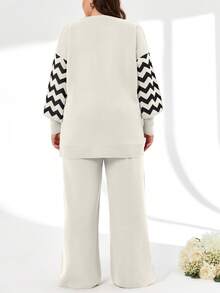 SHEIN Cottnline Striped Color Block Sweater And Pants Two Pieces Set - White - View 2