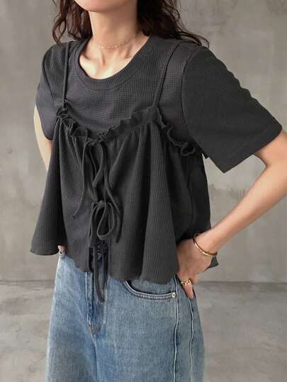 FRIFUL 2 件套女式蝴蝶结荷叶边下摆短袖上衣，宽松圆领