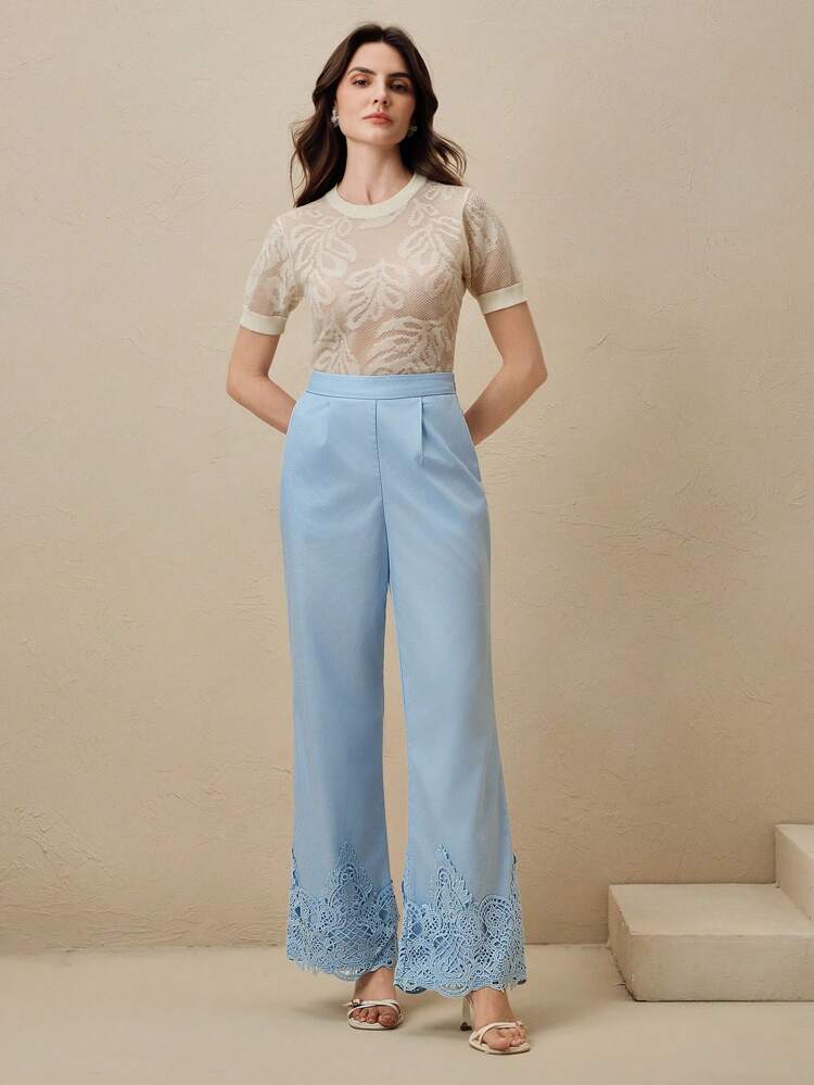 Women's Blue Lace Patchwork Wide Leg Pants, New Spring/Summer Style