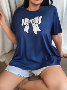 SHEIN 蝴蝶结印花圆领短袖短裤大码睡衣套装 - 藏蓝色 - 查看 3