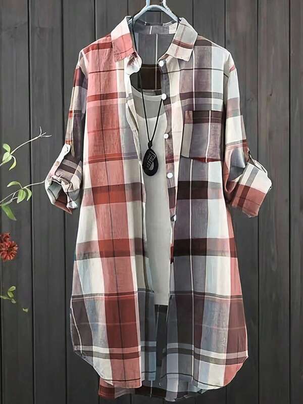 SHEIN Women's Plaid Long Sleeve Minimalist Casual Blouse