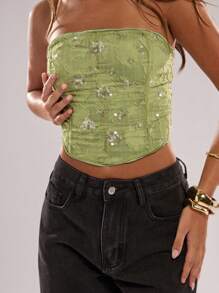 SHEIN BAE Top tubo sin mangas con lentejuelas florales brillantes para mujer, adecuado para club, fiesta, graduación, top con lentejuelas, top para salir, tops de verano, top lindo