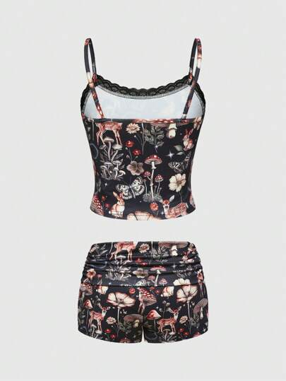Goth Mushroom, Floral, Plant, Rabbit, Deer All-Over Print Camisole & Shorts Lounge Set, Casual Sleepwear