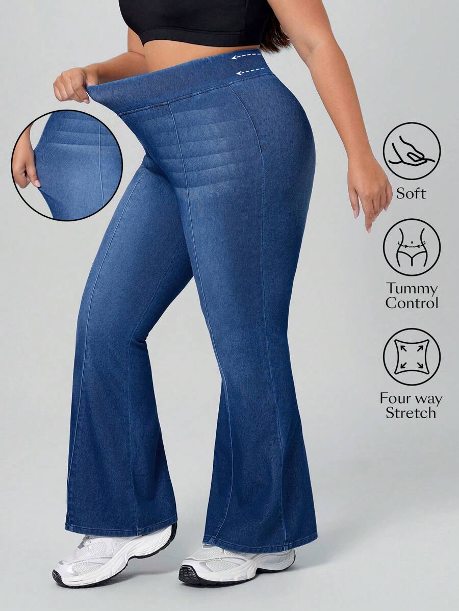 Flexra Plus Size Casual High Waist Bell Bottom Jeans - Blue - View 1