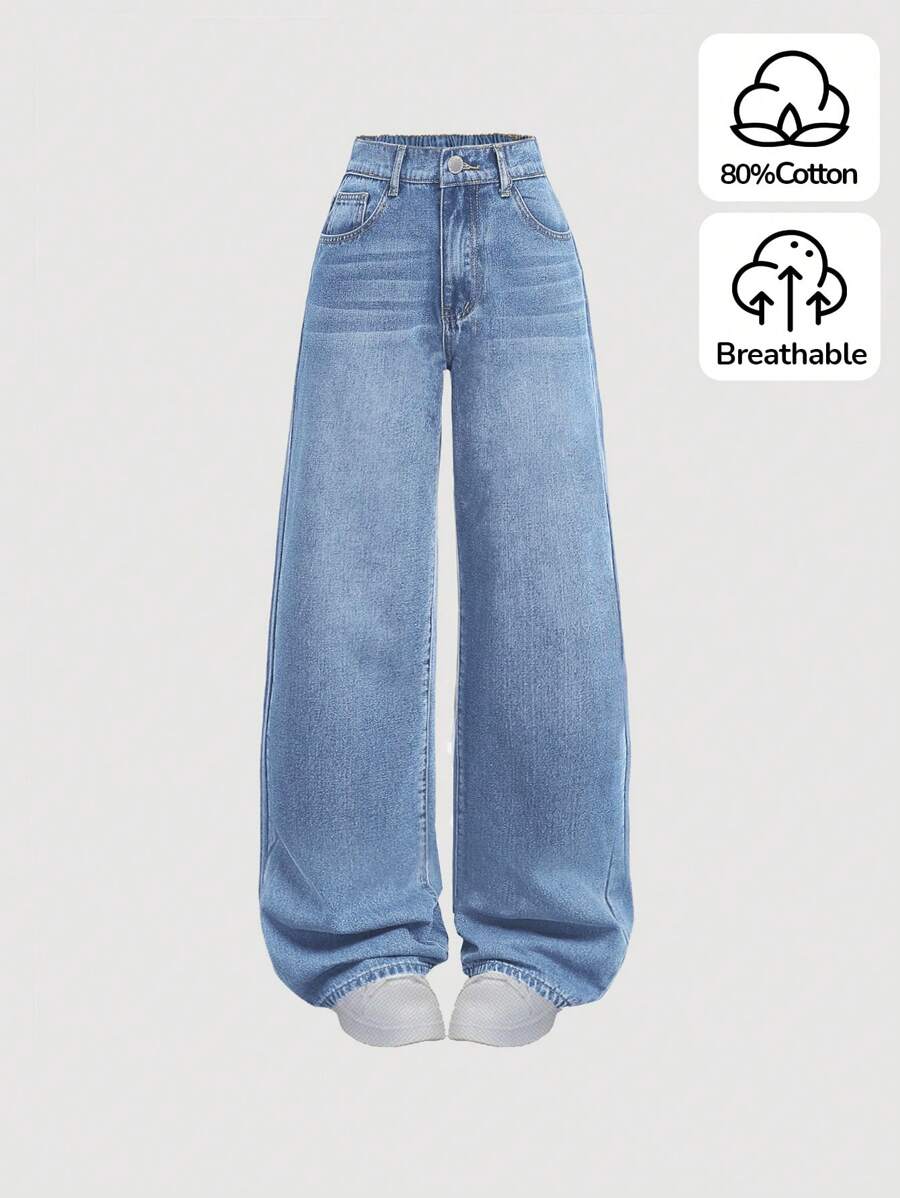 SHEIN Teen Girls' Casual Washed Wide Leg Jeans