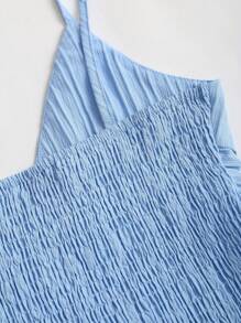 Sweetra 法国夏季新款蓝色纯色低背荷叶边设计修身裹身迷你连衣裙（女款） - 藍色 - 查看 4