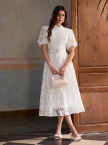 ZEYLAH Đầm dài tay trang trí thắt lưng thanh lịch - trắng - Xem 5