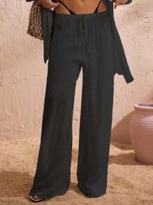 Swim Chiccia Women Summer Chiffon Solid Color Drawstring Waist Wide Leg Cover-Up Pants, Beach - Black - View 4