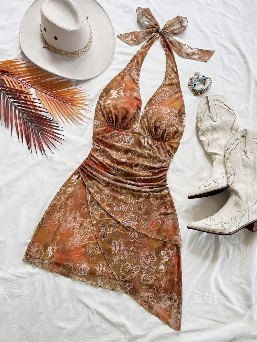 Soleia Sexy Retro Ombre Halter V-Neck Tie-Up Mesh Ruched Asymmetrical Hem Romantic Vacation Mini Dress For Women