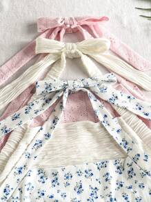 SHEIN Set de 3 piezas Top corto de punto texturizado de corte ajustado con escote halter, lazo decorativo y estampado floral ditsy azul y blanco para niña preadolescente de vacaciones elegante