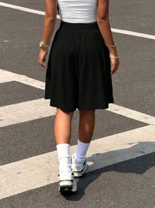 SHEIN Damen einfarbige Bermuda Shorts mit Kordelzug Taille und weitem Bein für Sport und Lässig