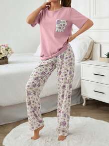 EURMUSE 女士两件套纯色带口袋短袖衬衫和花卉图案睡裤睡衣套装 - 粉色 - 查看 4