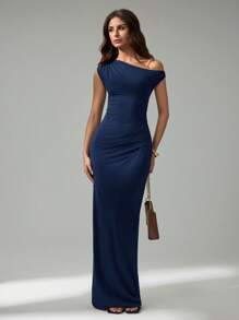 SHEIN Tall Vestido ceñido extra largo de unicolor con cuello asimétrico y drapeado para mujer