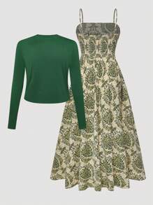 SHEIN Tall 大码女式高腰印花针织连衣裙配开衫两件套，波西米亚度假风 - 綠色 - 查看 2