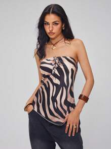 Roylia Women's Sexy Hollow Out Animal Zebra Printed Cropped Tank Top With Pointed Hemline - Coffee Brown - View 6