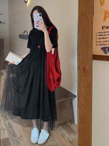 DAZY Abito midi casual a maniche corte con arricciature, girocollo, senza stampe, estivo, da donna