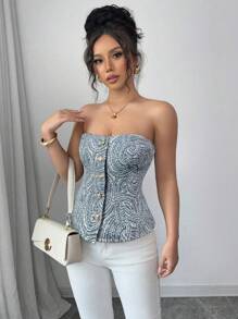 Firerie Women's Elegant Navy Blue And White Floral Jacquard Button Camisole Top,Vintage Blouse For Summer,Date,Commute,,Music Festival, - Blue - View 4